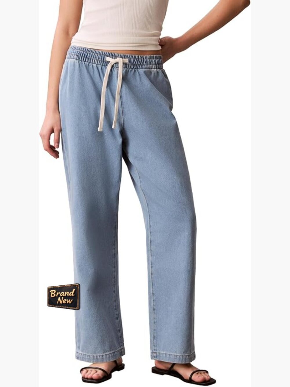 Womens Lightweight Denim Pull-on Drawstring Waist Wide Leg Pants